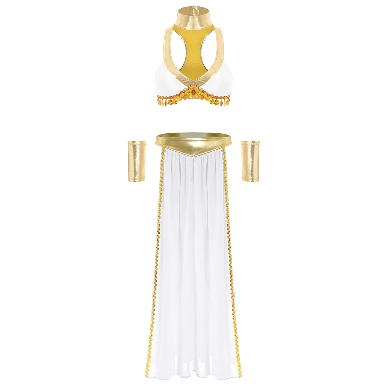 

Womens Halloween Role Play Costume Ancient Egyptian Queen Cosplay Outfits Crop Top Collar Sleeves And Side Slit Chiffon Skirt