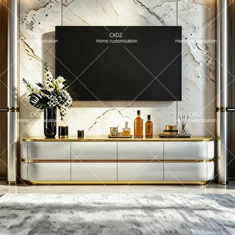 Modern Light Luxury TV Cabinet Platinum Art Decorative Sideboard High End Storage Console for Villa Living Room Furniture