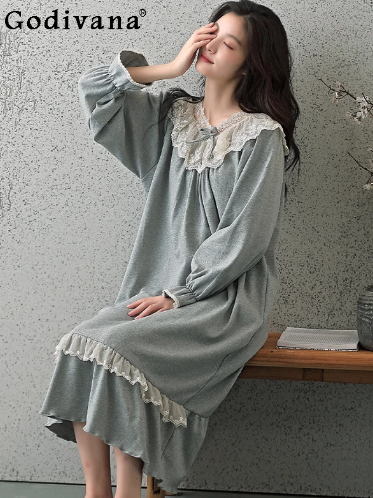 

Женская весенне-осенняя хлопковая подкладка на грудь с длинными рукавами, элегантная кружевная ночная рубашка с v-образным вырезом, новое свободное платье принцессы, одежда для дома