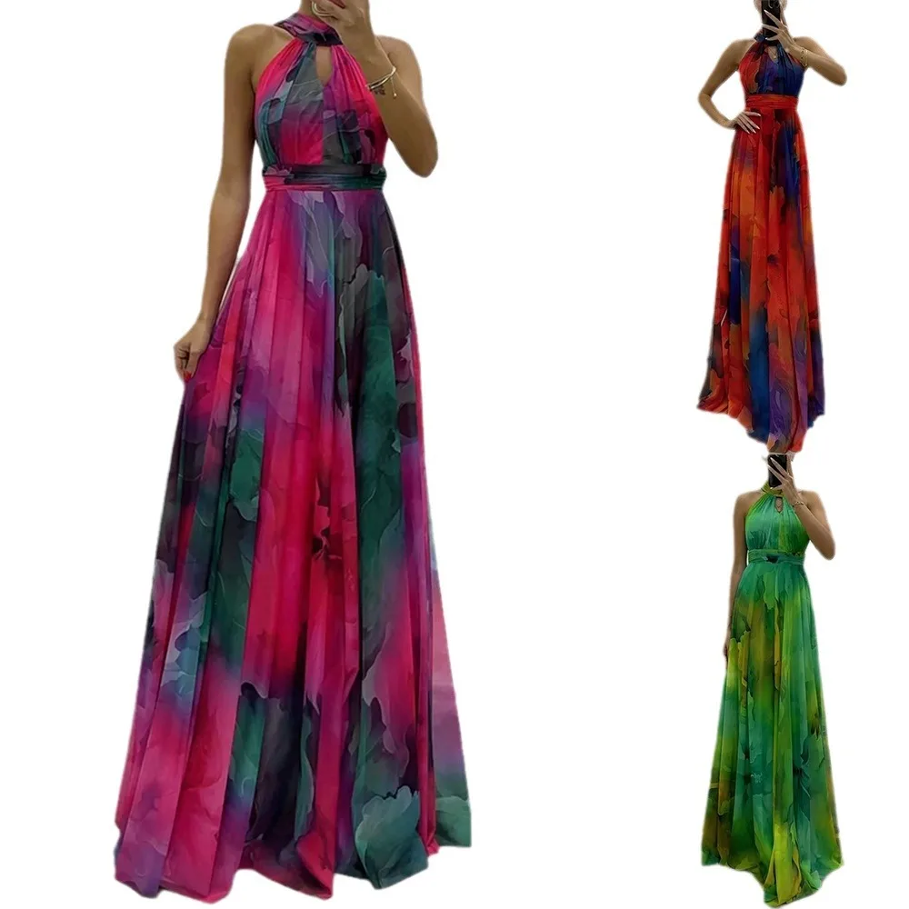 Vintage Pattern Printed Sleeveless Party Dress Casual High Waist Bohemian Dresses New Sexy Halter Hollow Out Women's Long Dress