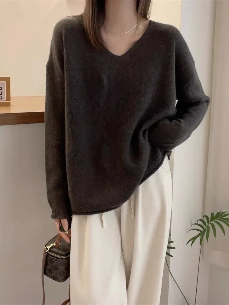 Wool Sweater Women Knitwear V-Neck Loose Casual Pullover Soft Warm Knit Top Pulls Chauds Clothes Autumn Winter Female Clothing