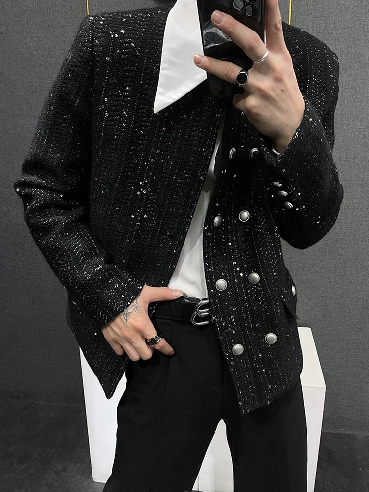 Fashionable Jacket Men's Winter High-End Short Double-Breasted Collarless Wide-Shoulder Jacket Men's Sequined Temperament Top
