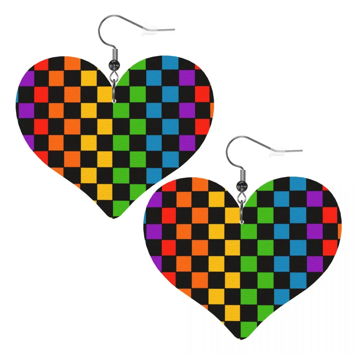 Custom Rainbow Checkerboard Checked Leather Teardrop Earrings Personalized For Women Jewelry Accessories For Valentine's Day