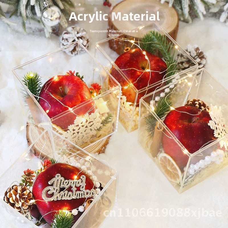 Caja de manzana navideña acrílica, embalaje de frutas transparente, caja de regalo portátil para Nochebuena con cinta decorativa verde o roja