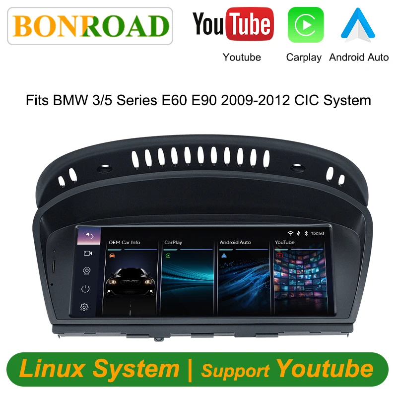 Bonroad 8.8 بوصة شاشة CarPlay اللاسلكية Android Auto لسيارات BMW 3/5 Series E60 E61E62 E63 E90 E91E92 E93 CIC لـ Youtube GPS