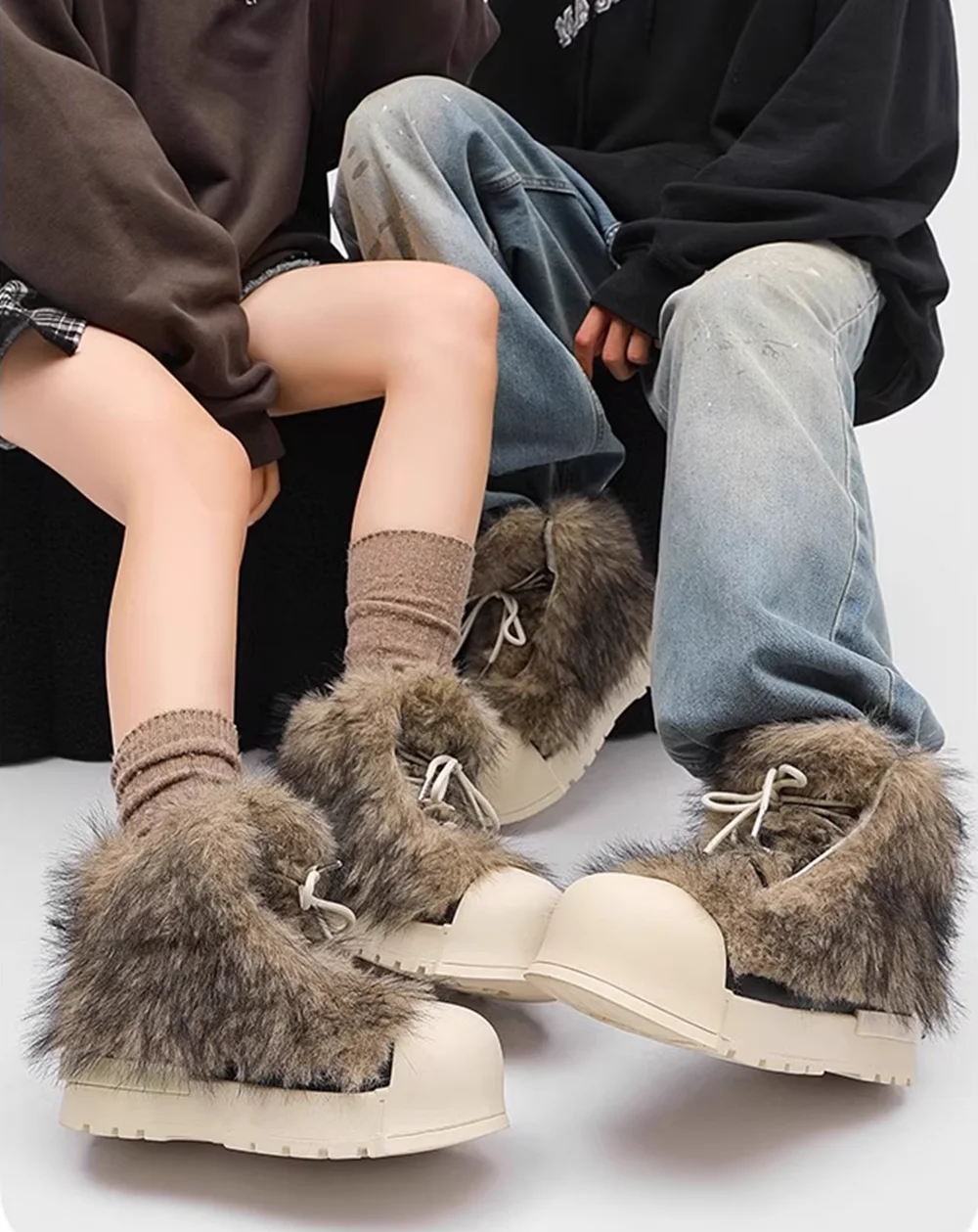 الذئب الرمادي فو الفراء حذاء من الجلد مكتنزة كريم منصة وحيد عالية أعلى عدم المتابعة جولة تو موضة شتاء دافئ في الهواء الطلق حذاء كاجوال