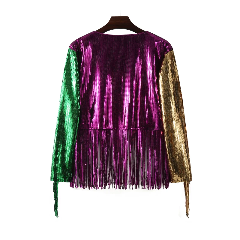 

Женские весенне-летние футболки с длинными рукавами и пайетками, модная женская одежда с декоративными бахромками