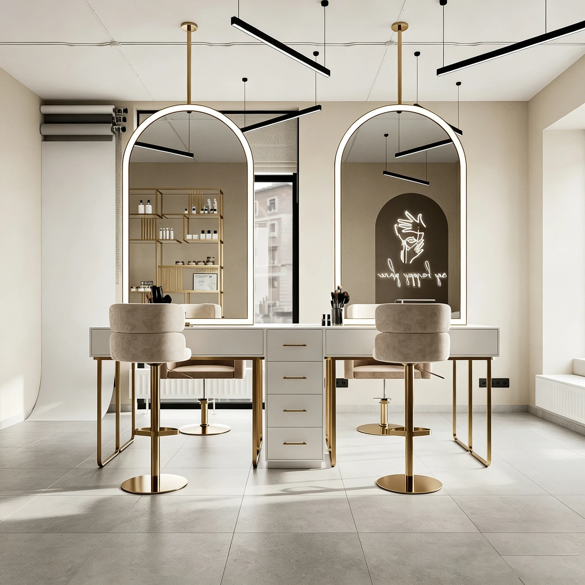 Custom double-sided oval LED salon mirror table barber shop work station counter, suitable for beauty salons