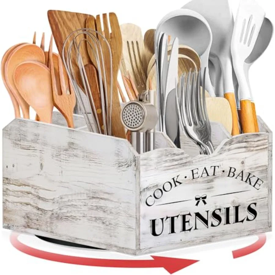 

[Upgraded] Extra Large Kitchen Utensil Holder for Countertop with 360° Rotating Base 6 Compartments Removable Divider Wooden Ut