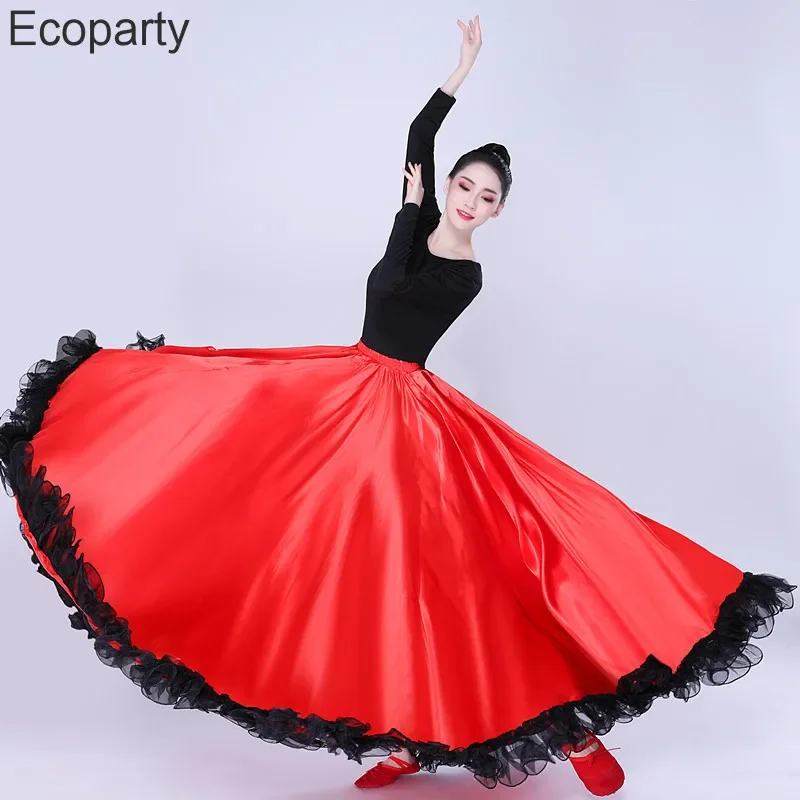 New 720 Degree Satin Skirt Belly Dance Costume Women Spanish Flamenco Long Skirts Big Swing Team Dancing Performance Clothes