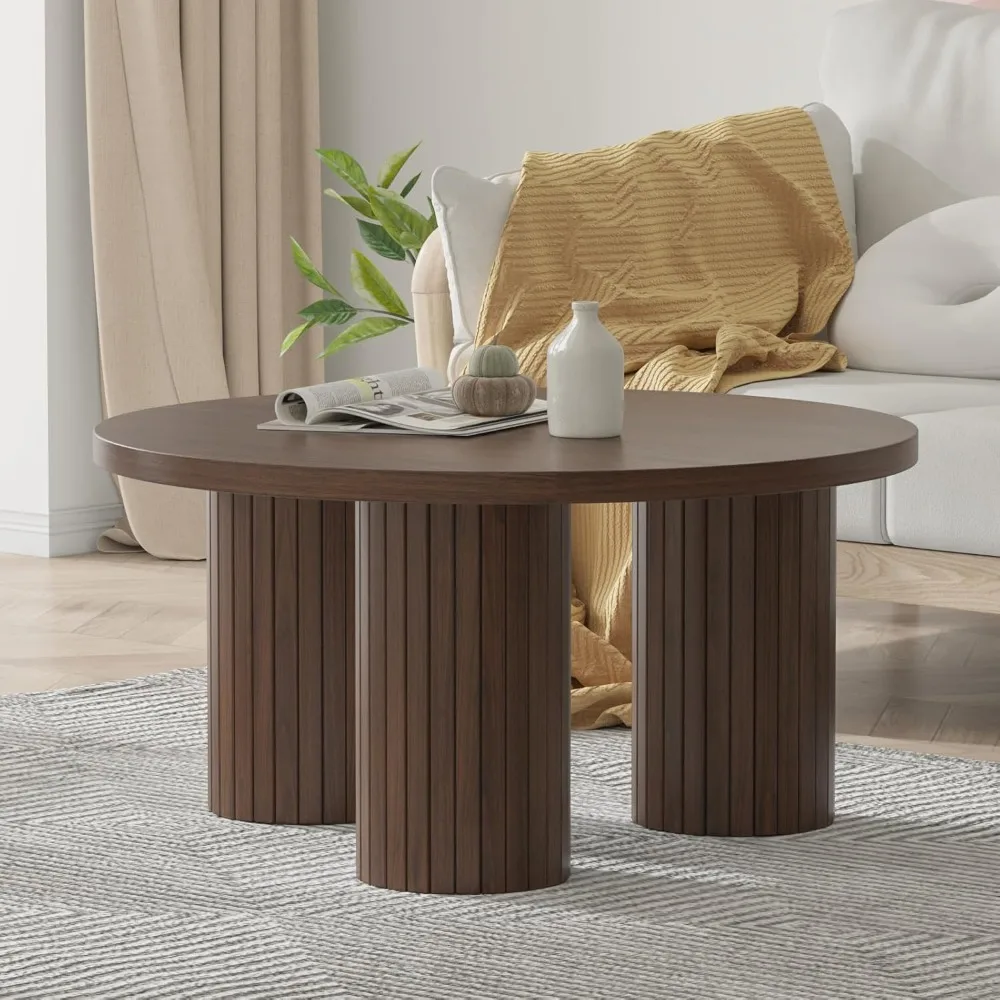 Table basse ronde de 31,5 pouces, table de salon ronde en bois avec trois pieds cannelés, table basse moderne du milieu du siècle, adaptée