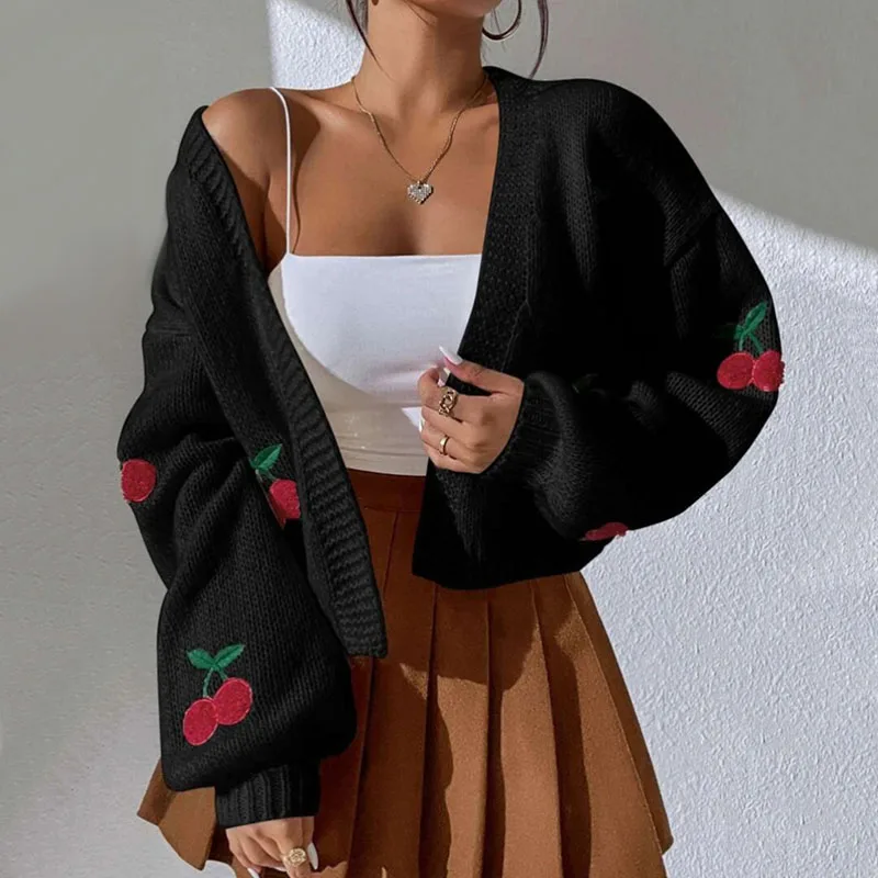 Women Sweaters Cardigan Long Sleeve Knitted Coats Spring Autumn Cherry Embroidery Jackets Elegant Female Casual Loose Knitwear