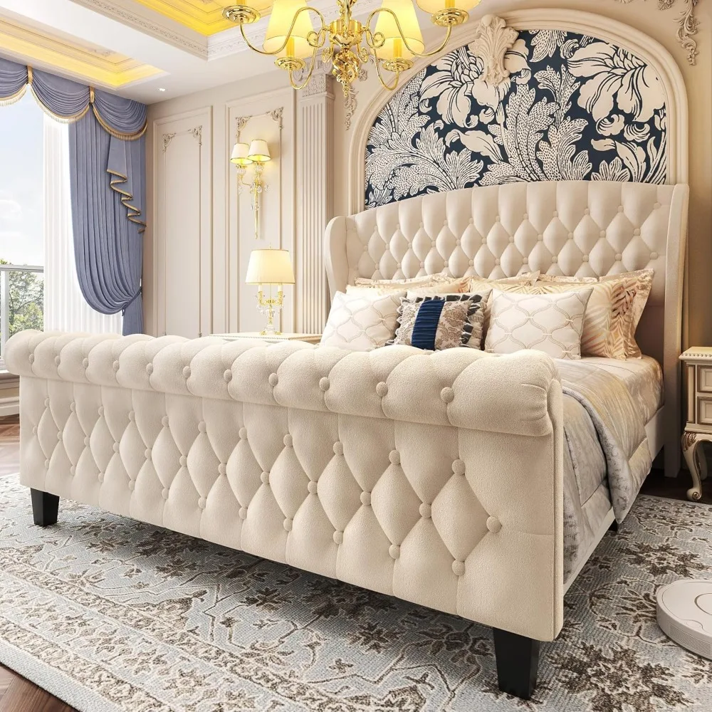 Estructura de cama hisoft queen, cama con trineo tapizada de terciopelo de 42" de alto con cabecero trasero y pie enrollado, sin somier neede