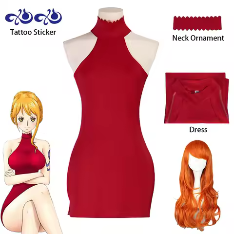 Anime Nami Cosplay Costume Nami Red Dress Unifrom Wig Transfer Tattoos Halloween Costume for Women Comic Con