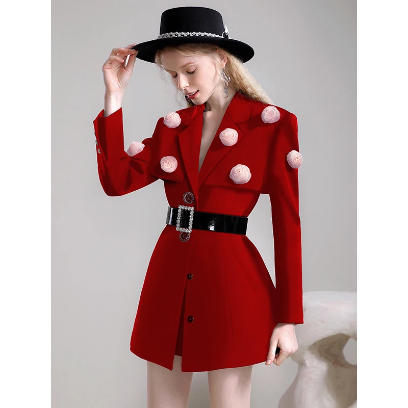 Autunno e inverno Business Casual Women Dress Design Sense Temperament Sweet Cool Red tridimensionale Rose Dresses Suit Dress