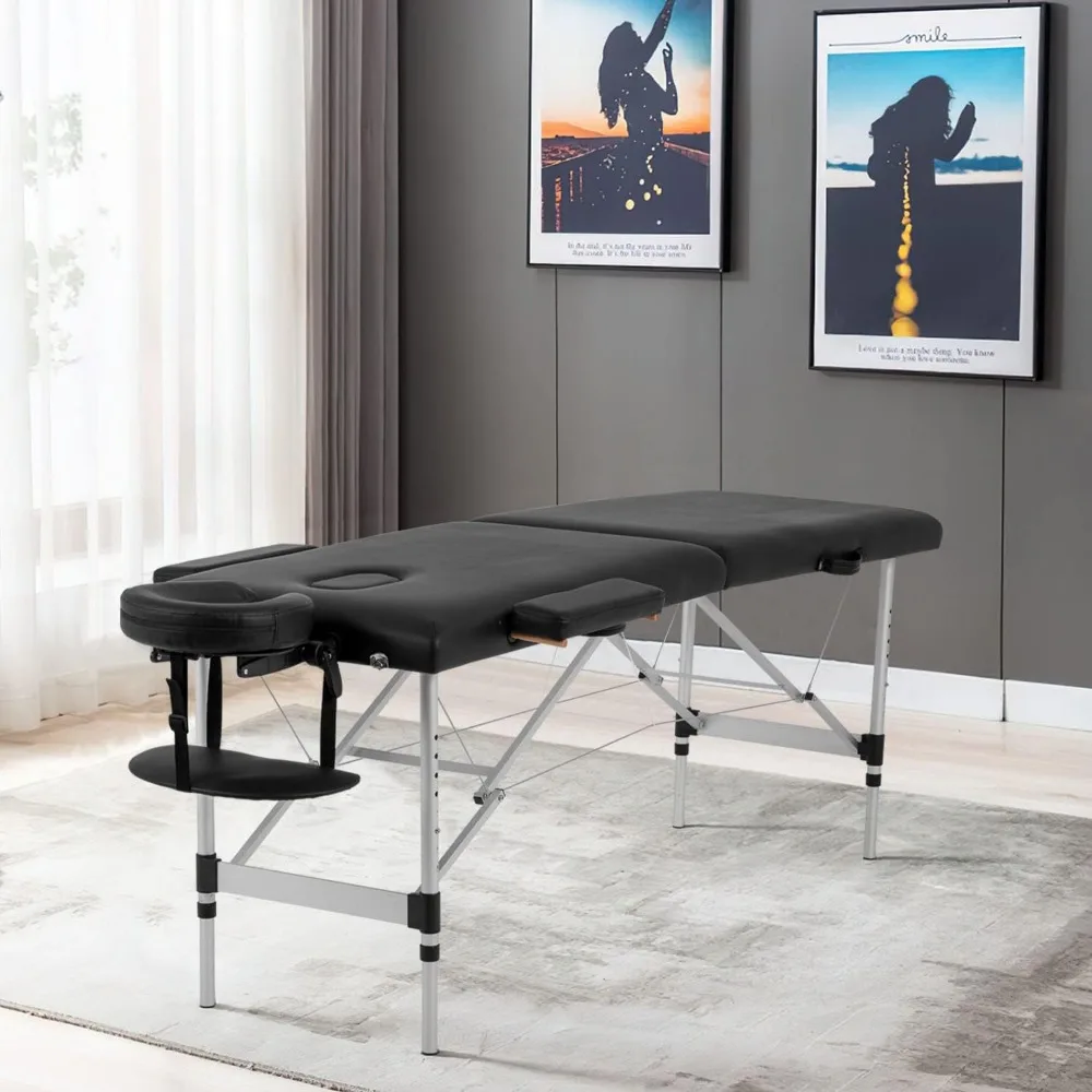 Aluminum Massage Table Portable Massage Bed Height Adjustable Spa Bed 2 Fold Facial Tattoo Salon Bed W/Face Cradle Carry Case