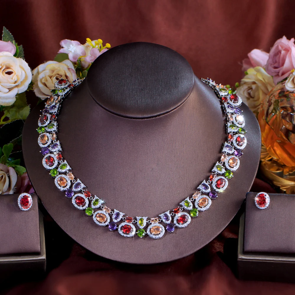 CWWZircons Luxuriöses Geometrisches Mehrfarbiges Zirkon-Ohrringe-Halsketten-Set für Frauen Boho Party Hochzeit Kostümschmuck Großhandel T0983 – Detail 8