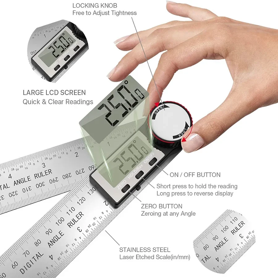 

Digital Angle Finder Protractor,2 in 1 Auzof Angle Finder Ruler,7Inch / 200mm Stainless Steel Angle Measuring Tool