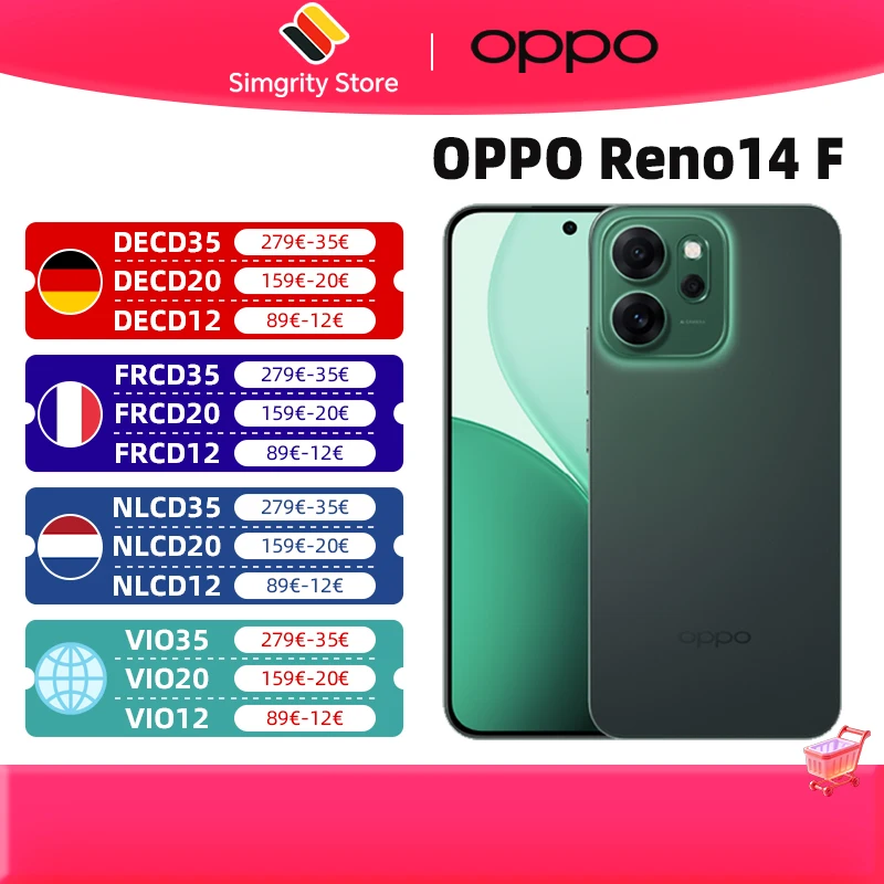 Smartphone OPPO Reno14 F 5G  cran AMOLED 6,57 pouces 120 Hz Snapdragon 6 Gen 1, batterie 6000 mAh Appareil photo principal 50 Mpx, eSIM, Wi-Fi 5, NFC, GPS, GLONASS, Bluetooth 5.1