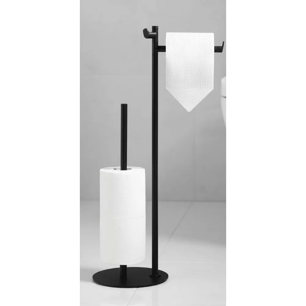 

Stainless Steel Toilet Paper Holder Stand, Weighted Base Holds 5 Jumbo Rolls, Space-Saving Modern Bathroom Storage with Hook