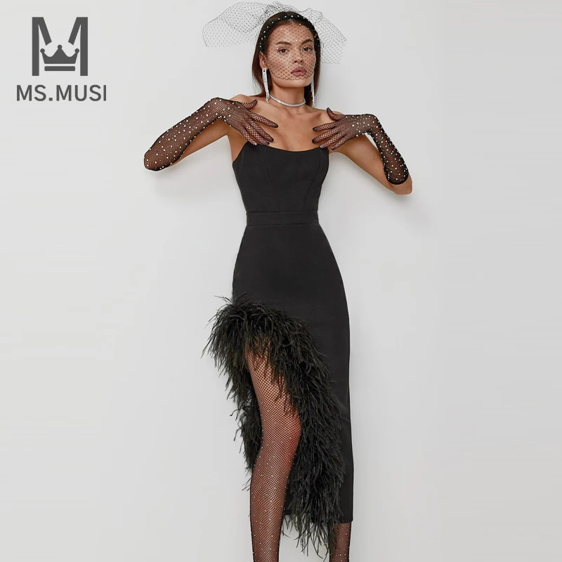 MSMUSI 2024 New Fashion Women Sexy Strapless Feather Sleeveless Slit Backless Bandage Party Club Bodycon Event Slim Midi Dress