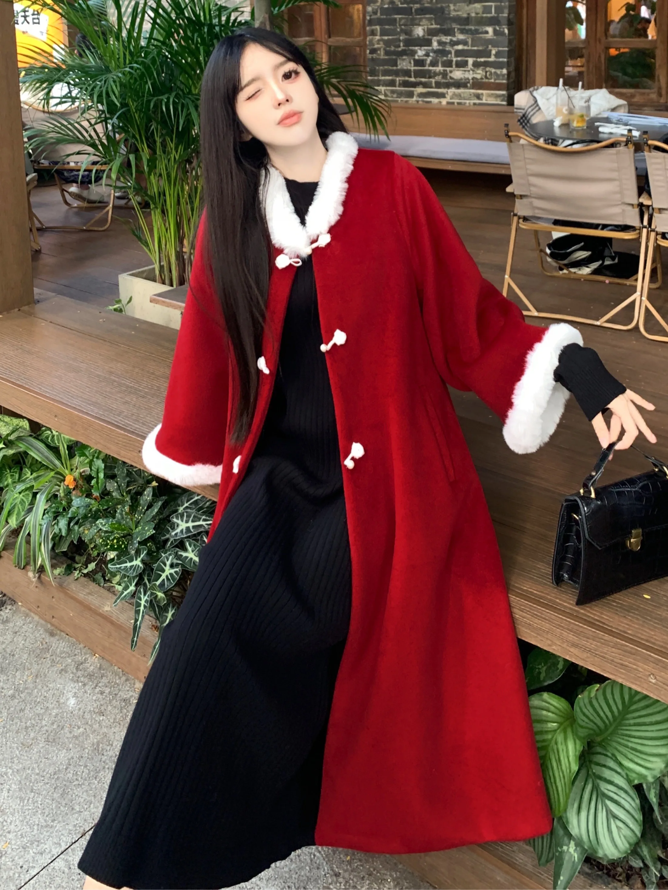 Cappotto rosso neocinese retrò Colletto sfocato di nicchia Capispalla di media lunghezza addensato caldo e ampio Top da donna Inverno Capodanno Stateme