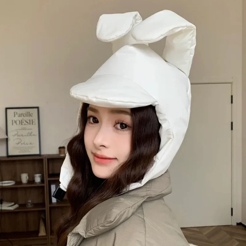 Y2K Pink Rabbit Ear Design Balaclava Caps for Women Autumn and Winter Fashion Padded Warm Casual Versatile Sweet Bomber Hats