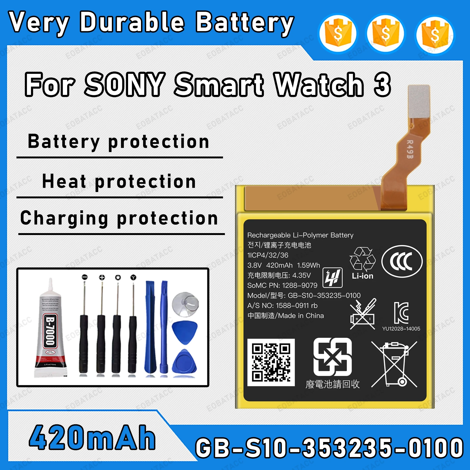 420mAh 100% New GB-S10-353235-0100 Battery For SONY Smart Watch 3 WI501Q Replacement Bateria+Free Tools