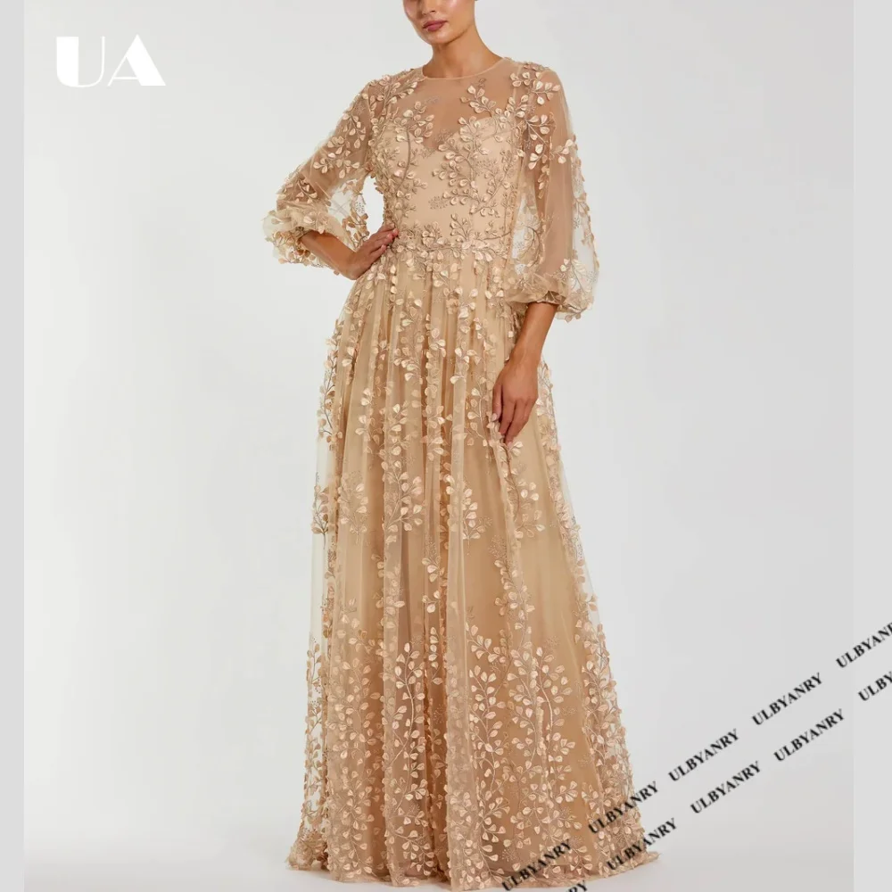 

Exquisite A-line Applique Evening Dress Glamorous Mesh Lantern Sleeve Prom Dress for Woman Customized Floor-length Formal Dress