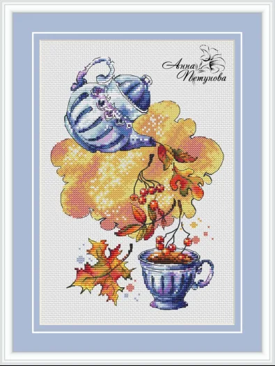 Cross Stitch Kit for DIY Handmade Home Decor, Birds on a Teapot Bouquet, Fabric Cloth, Cotton -Tea in September 26-33