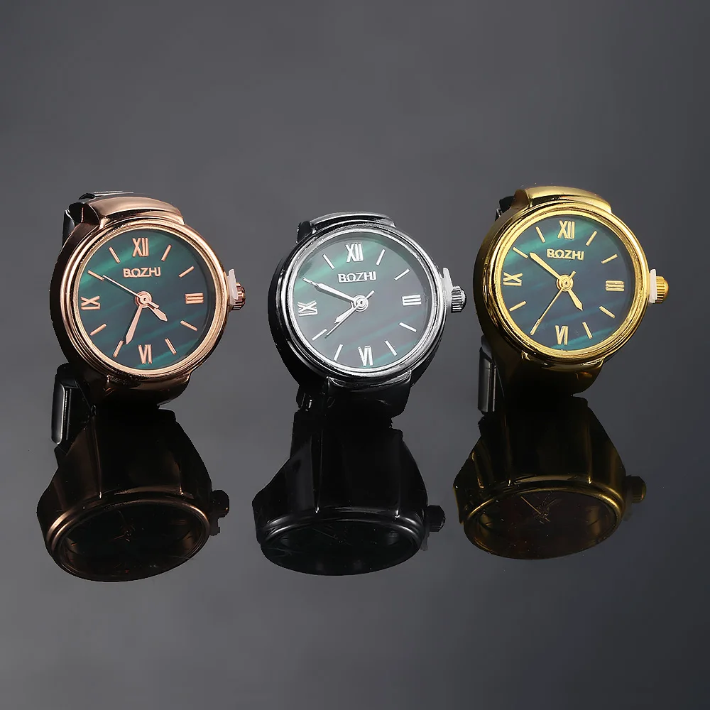 URING Round Green Finger Watch Stainless Steel Italian Charm Link CLassic Clock Quartz Watch Ring Trendy Jewelry for Women Men