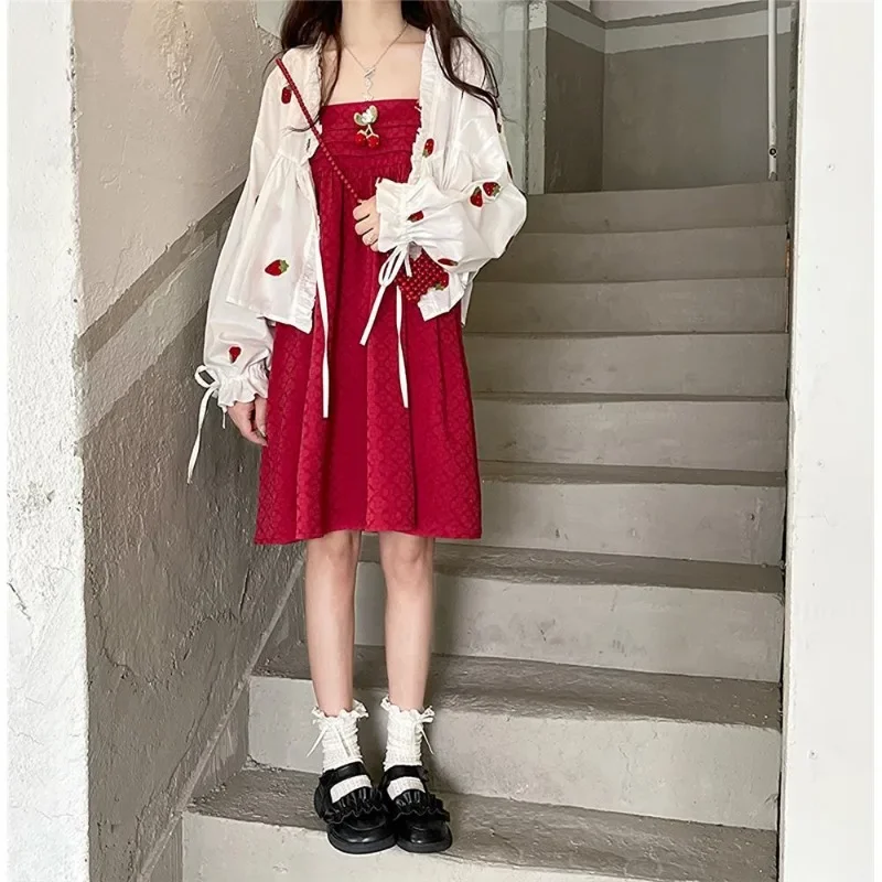 Hikigawa Chic Fashion Strawberry Long Sleeve Women Cardigan +Slim All Match Sweet Plaid Dresses Spring New 2 Set Ropa Mujer