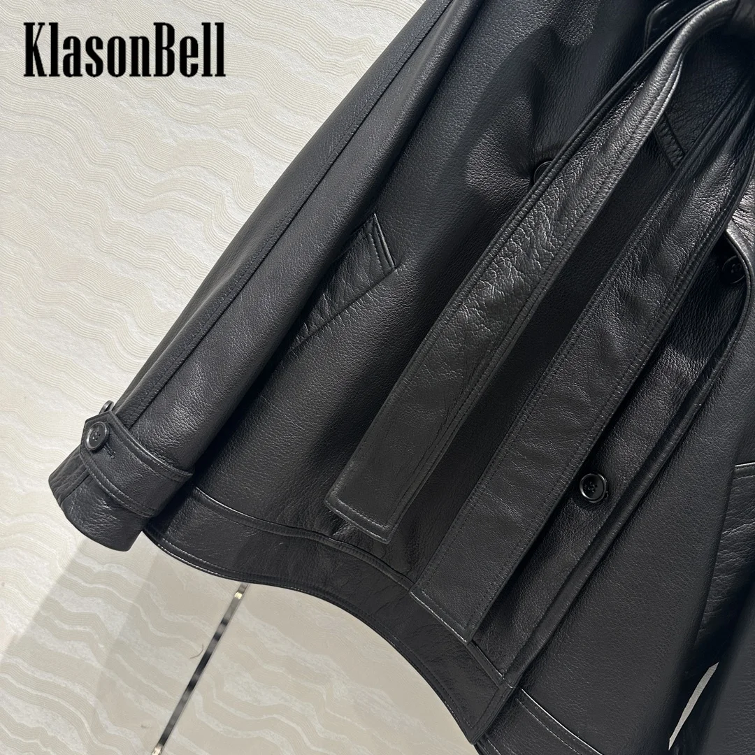 8.24 KlasonBell Women Vintage Fashion Long Leather Belt Collar Bow Sheepskin Jacket Double Breasted Loose Genuine Leather Coat