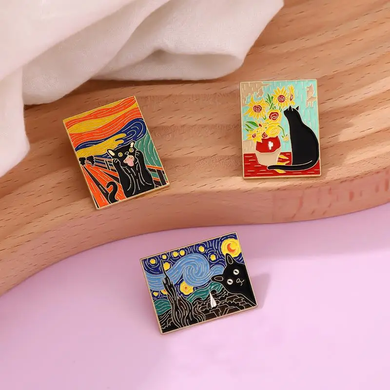 Cats in Oil Painting Enamel Pin Custom Funny Black Kitten Sunflower Brooch Lapel Badge Animal Jewelry Gift for Kids Friends