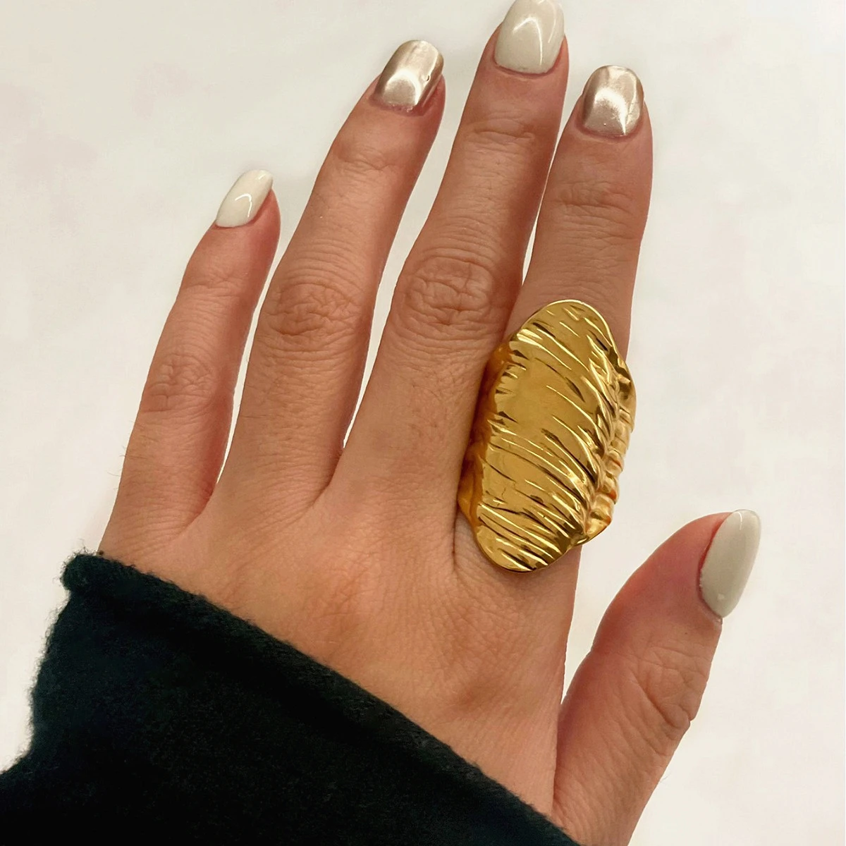 Gold Color Irregular Metal Wide Opening Ring For Women Girls Exaggerated Stainless Steel Finger Vintage Jewelry Waterproof Gifts