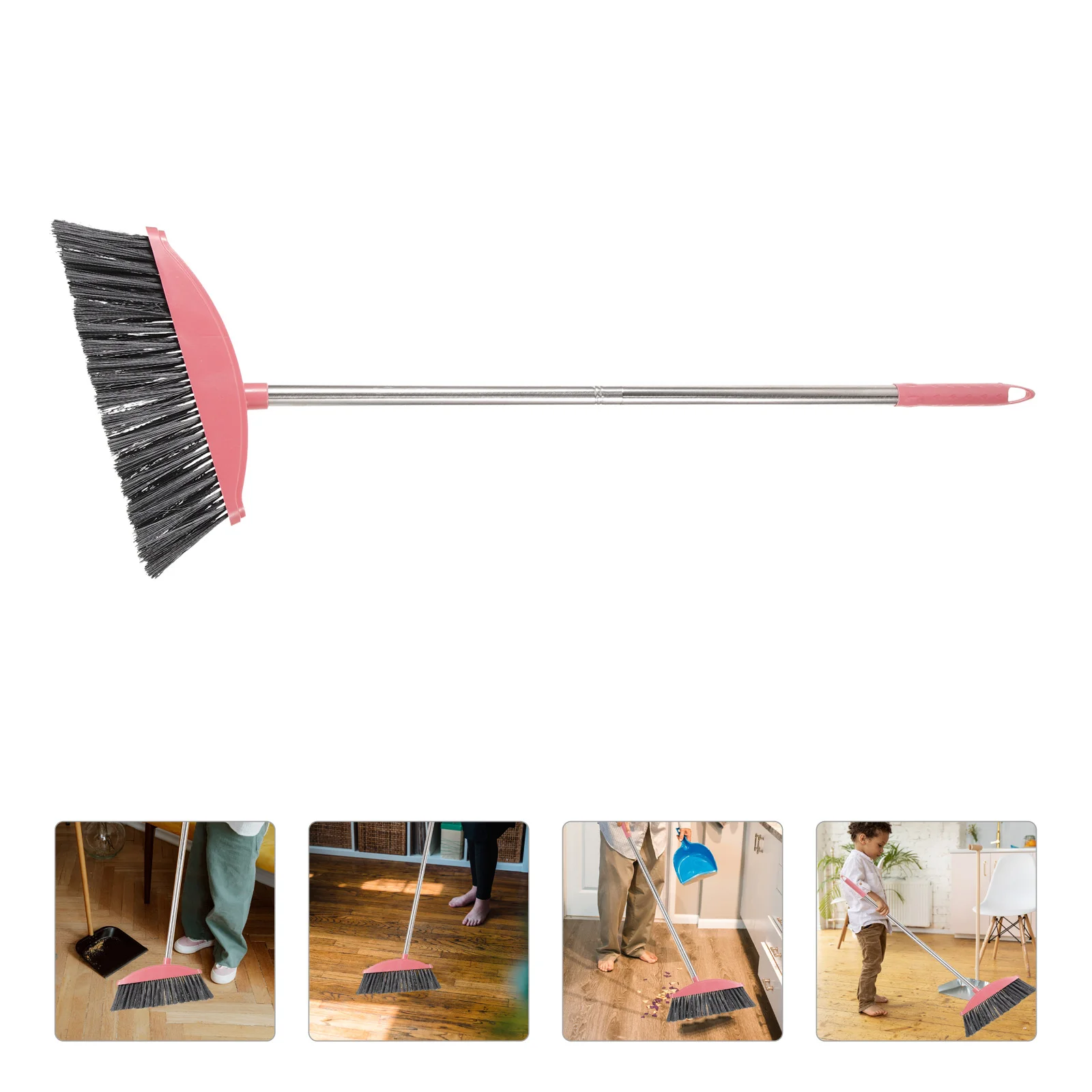 Stainless Steel Broom Home Cleaning Thickened Hygiene (Pink Single Set) Brooms Whisk Handle Household Floor Wiper Office