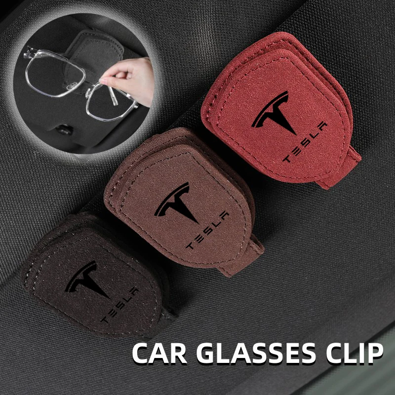 Suede Car Sun Visor Glasses Clip Universal Interior Accessories For Tesla Model Y 3 S X Roadster Bonina