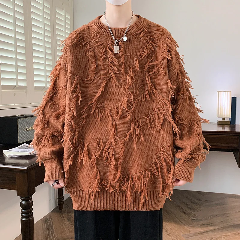 Maglione da uomo in tinta unita con frange di piume, pullover da uomo in morbida maglia soffice, maglione casual di fascia alta Hombre per l'autunno