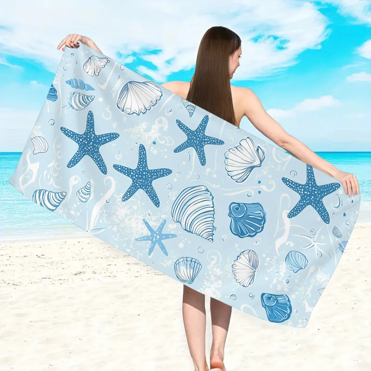 1pc ocean element starfish pattern ultra-fine fiber beach towel, suitable for camping, beach, swimming essential beach towel