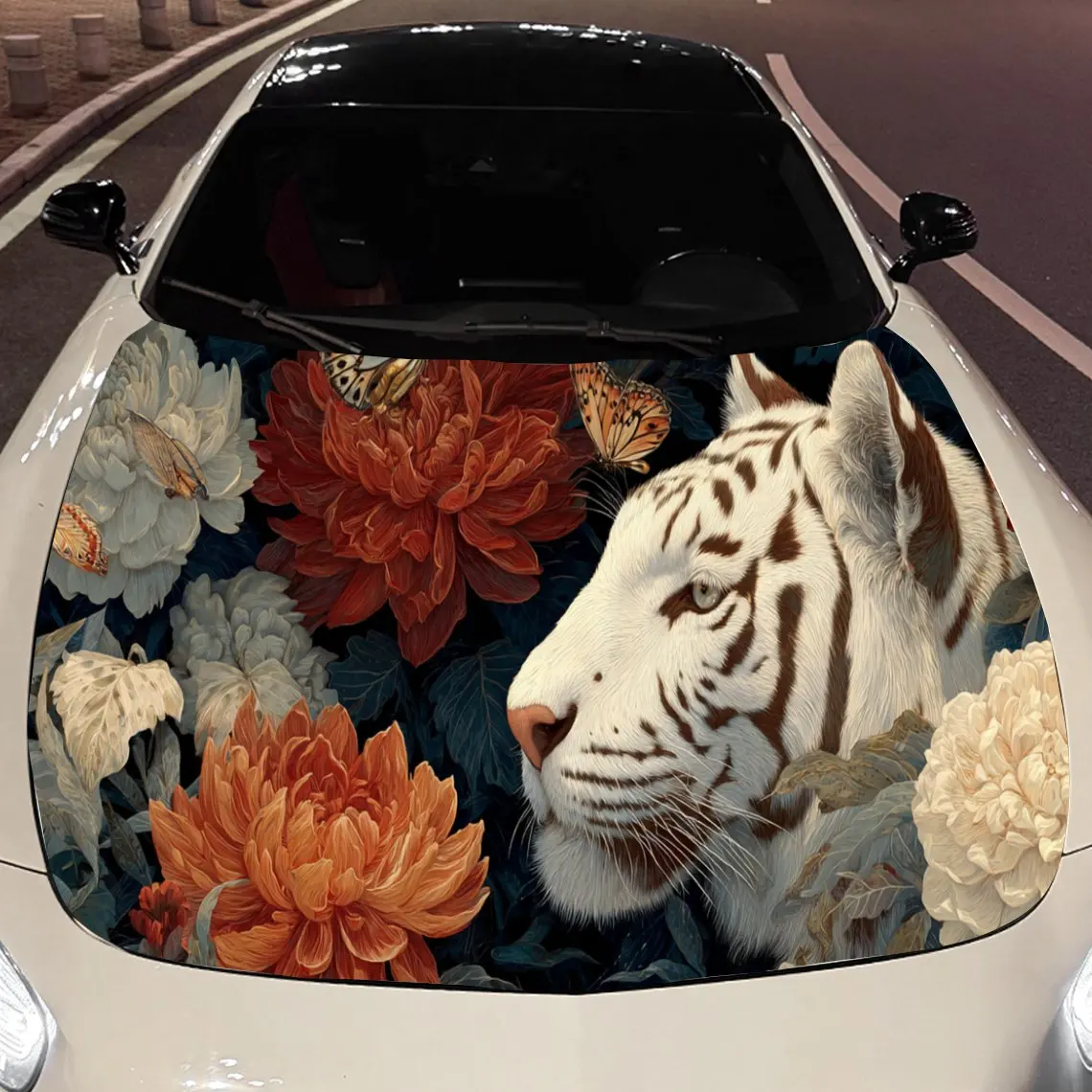 Retro Tiger Flower print,car hood stickers,PVC waterproof Self adhesive car hood sticker,car hood decoration protection stickers