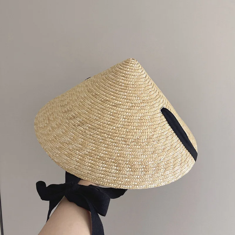 European American Vacation Black Khaki Natural Straw Hats For Women Bucket Hat Tied Up Magician Cap Summer Beach Sun Hat New