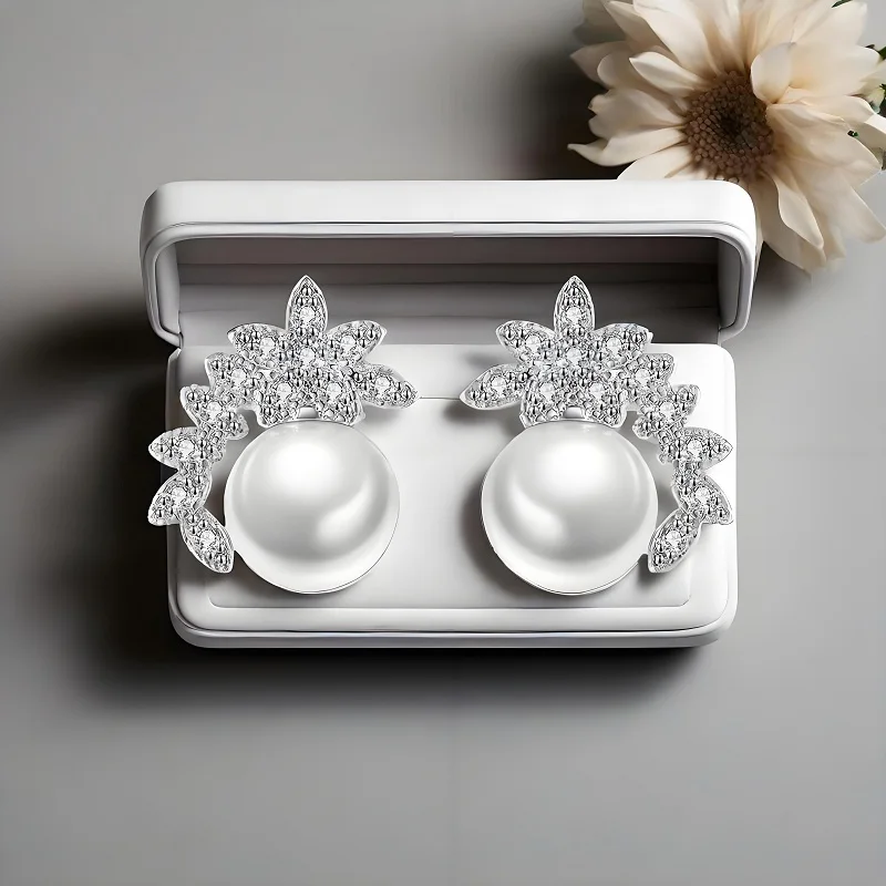 

Charms 925 Sterling Silver Flower Shape Pearl Cubic Zircon Stud Earrings for Women Anniversary Party Fashion Jewelry Gifts