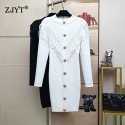 ZJYT Autumn Winter Long Sleeve Tassel Knitted Sweater Dresses for Women Elegant Buttons White Black Short Party Dress Vestidos