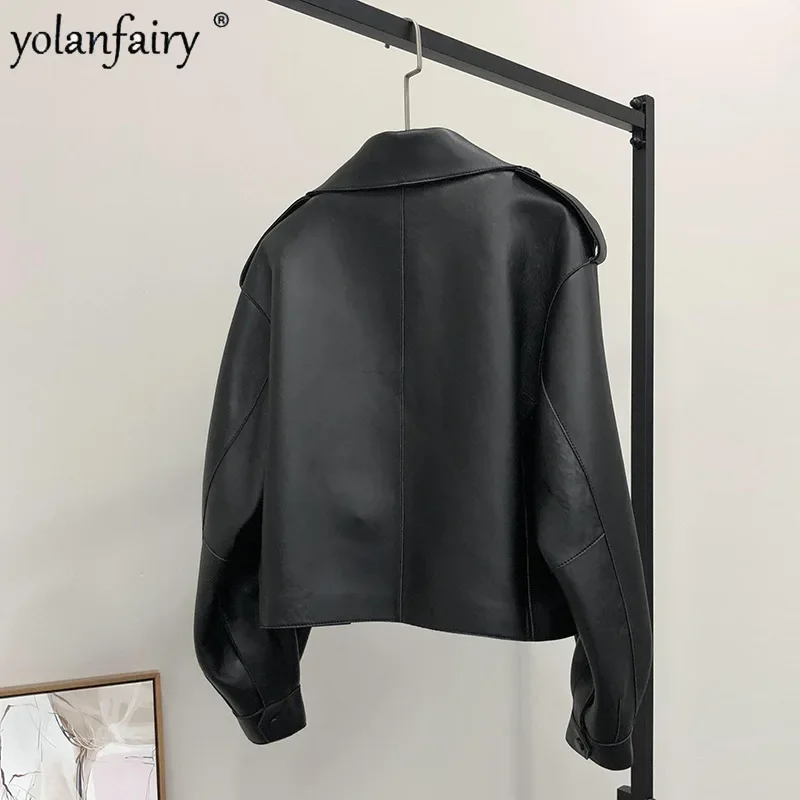 YOLANFAIRY Trendy Large Collar Leather Jacket Women's Short Real Sheepskin Trech Coats Female New in Outwears Korean Fashion
