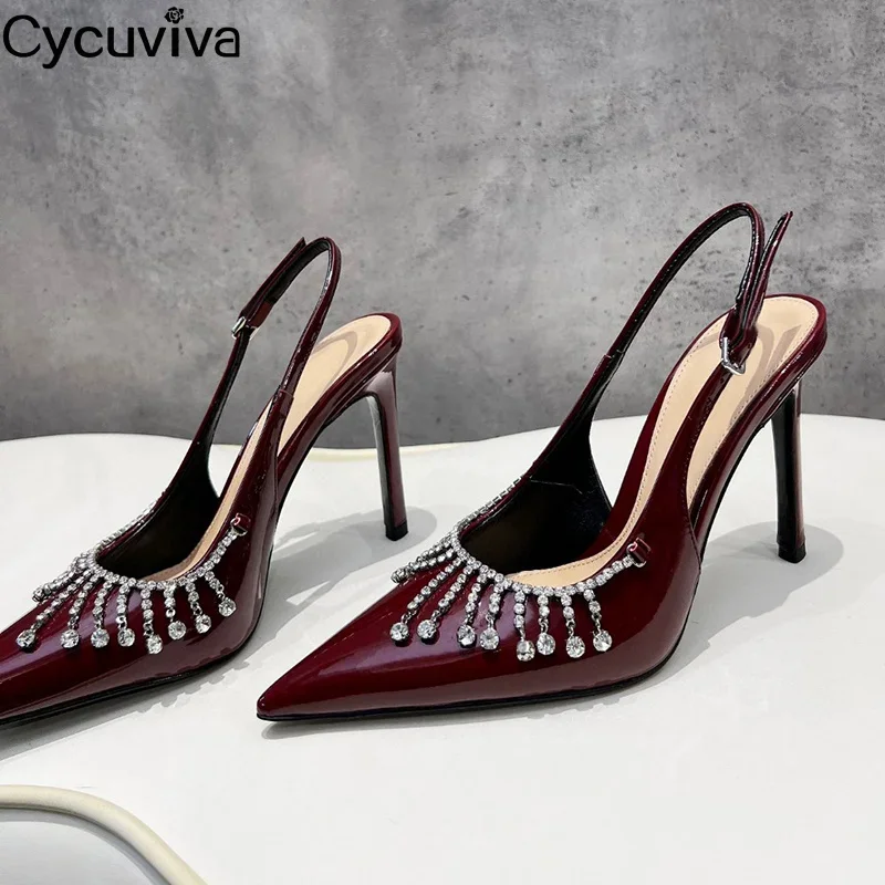 Summer Crystal Patent Leather High Heels Sandals Women Shinny Slingback Pointy Toe Party Shoes Banquet Luxury Formal Heels Women