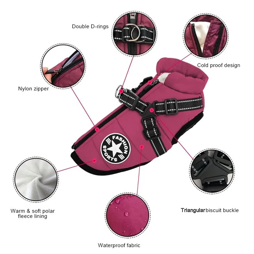 Winter Warm Pet Dog Jacket with Harness Waterproof Dog Coat Vest for Small Medium Chihuahua French Bulldog Outdoor Dog Clothes - view 4