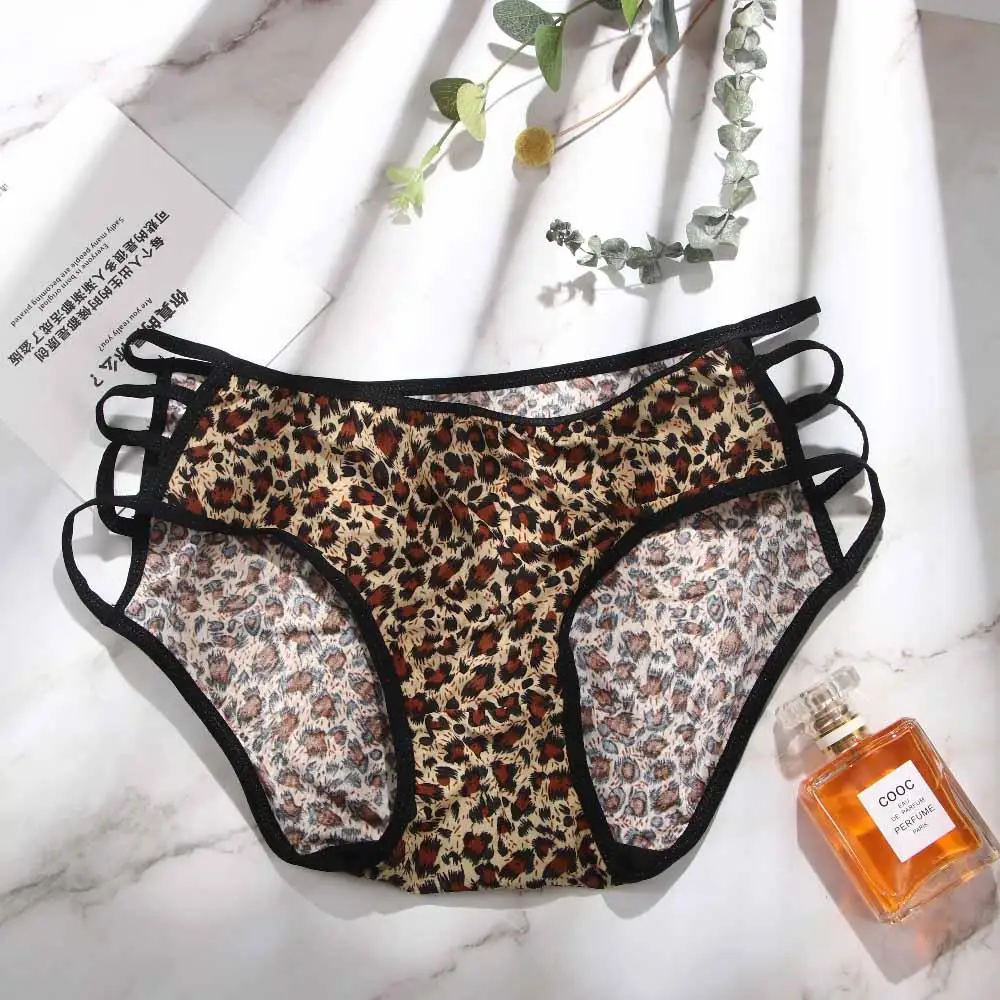 Sexy Leopard Printed Cross Belt Underwear Women Low Waist Lace Bow Panties Transparent Seamless Briefs for Female