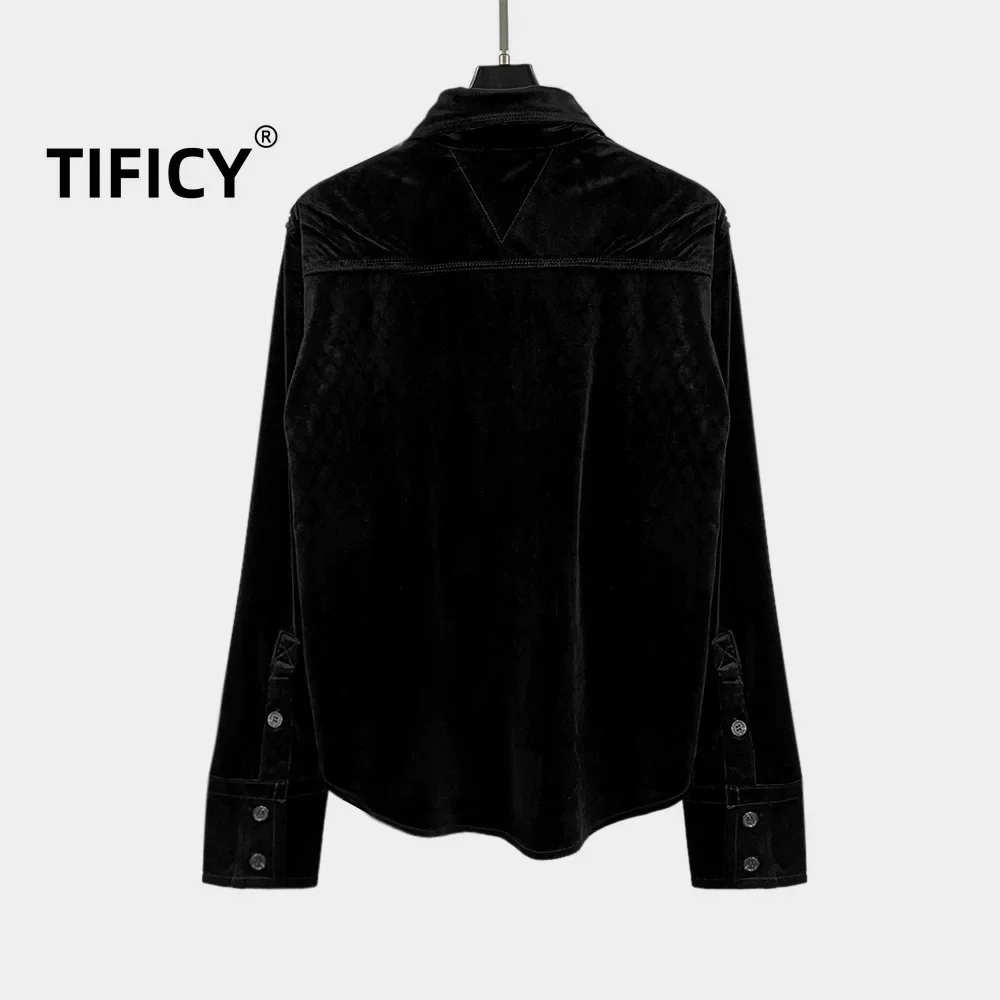 High End Luxury Women's Velvet Fabric Elegant Temperament Small Lapel Straight Tube Long Sleeved Shirt High Street Black