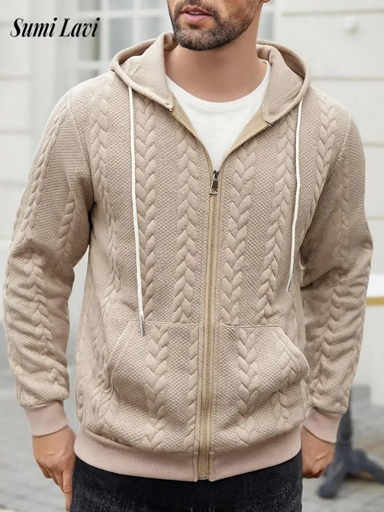

Fashion Jacquard Hooded Jackets Mens Spring Fall Casual Drawstring Zipper Sweatshirts Men Vintage Solid Color Texture Cardigan