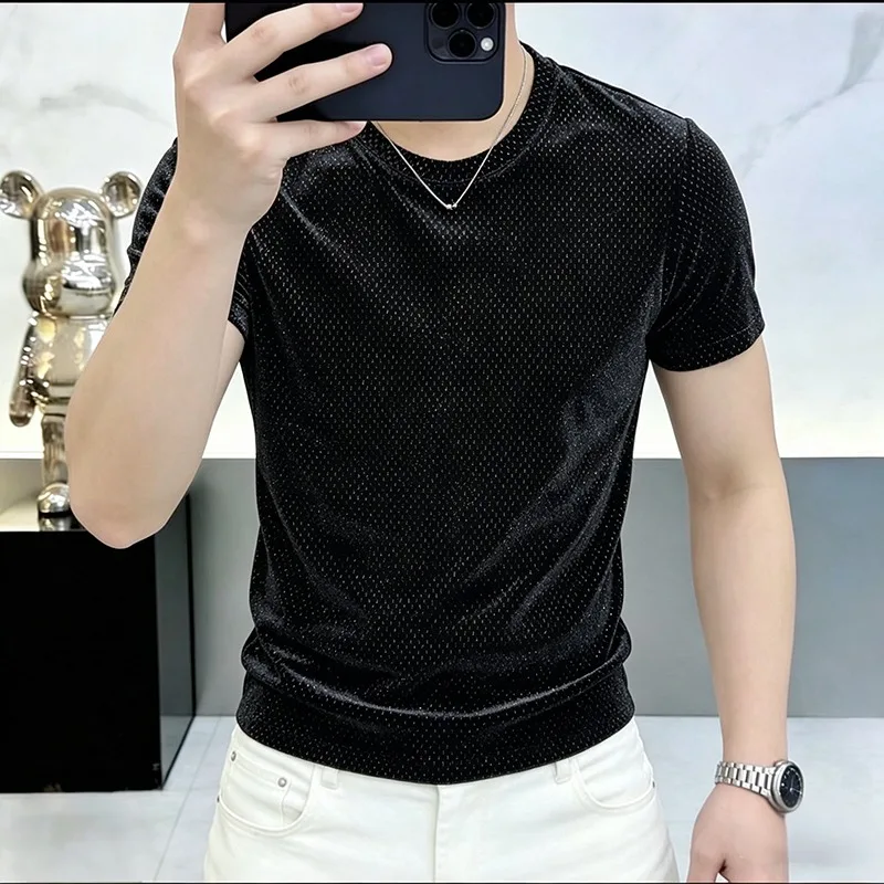 Summer Shiny Short Sleeved T-shirt for Men Fashion Ice Silk Breathable Round Neck Casual T-shirts Street Wear Men Clothing M-5XL